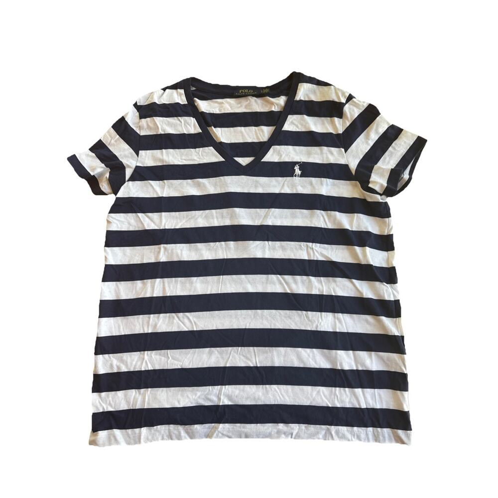 Polo Ralph Lauren Size L White Navy Blue Striped Stretch Short Sleeve Cotton Top